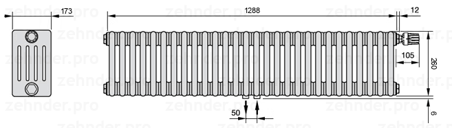 Схема (чертеж) Радиатор Zehnder Charleston 5026/28 №V008 Белый глянцевый RAL 9016